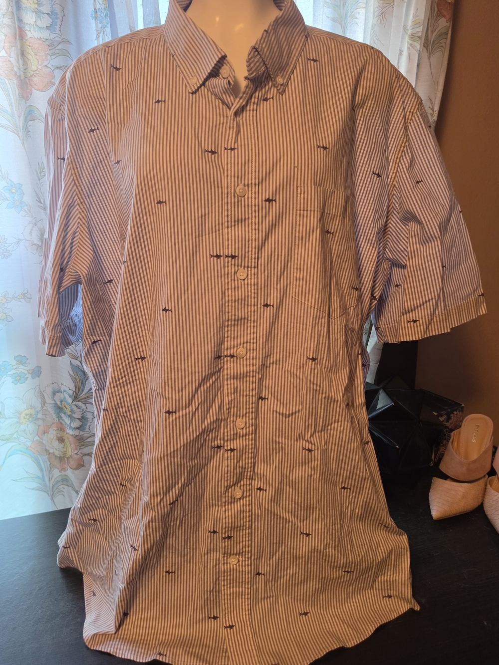 George Short-Sleeve Button-Down Shirt in Blue and White Stripe with Navy Accent